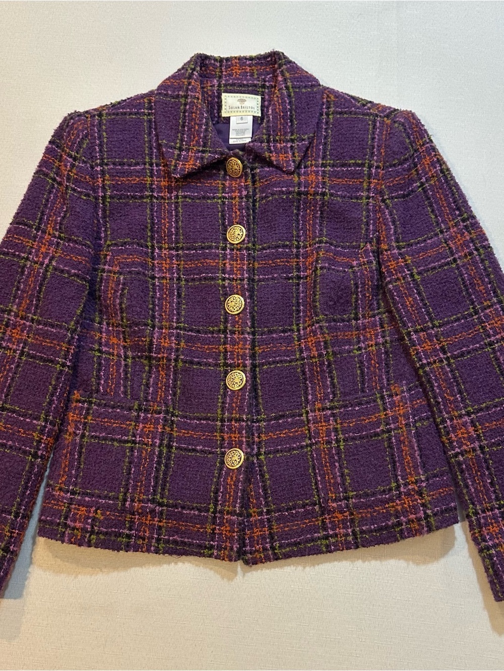 Susan Bristol Purple Plaid Wool Blend Jacket Size 6
